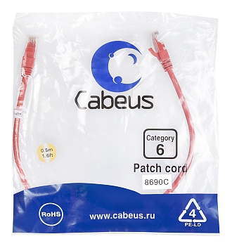Cabeus PC-UTP-RJ45-Cat.6-0.5m-RD Патч-корд U/UTP, категория 6, 2xRJ45/8p8c, неэкранированный, красный, PVC, 0.5м
