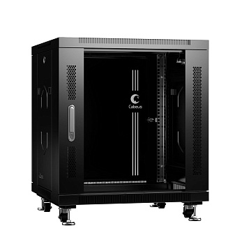Cabeus SH-05C-12U60/60-BK Шкаф монтажный телекоммуникационный 19" напольный для распределительного и серверного оборудования 12U 600x600x730mm (ШхГхВ) передняя стеклянная и задняя сплошная металлическая двери, ручка с замком, цвет черный (RAL 9004)