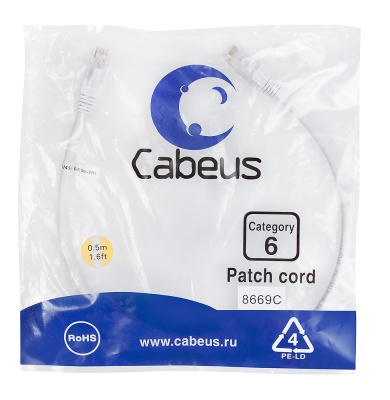 Cabeus PC-UTP-RJ45-Cat.6-0.5m-WH Патч-корд U/UTP, категория 6, 2xRJ45/8p8c, неэкранированный, белый, PVC, 0.5м