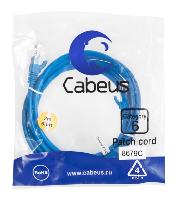 Cabeus PC-UTP-RJ45-Cat.6-2m-BL Патч-корд U/UTP, категория 6, 2xRJ45/8p8c, неэкранированный, синий, PVC, 2м