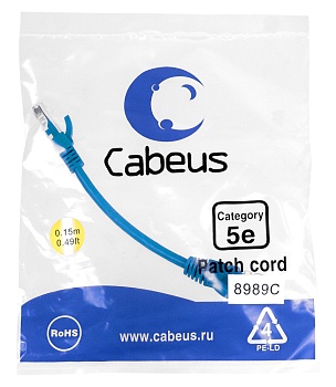 Cabeus PC-UTP-RJ45-Cat.5e-0.15m-BL Патч-корд U/UTP, категория 5е, 2xRJ45/8p8c, неэкранированный, синий, PVC, 0.15м