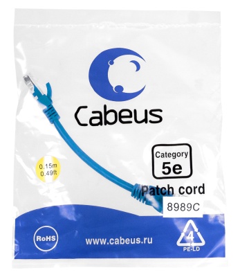 Cabeus PC-UTP-RJ45-Cat.5e-0.15m-BL Патч-корд U/UTP, категория 5е, 2xRJ45/8p8c, неэкранированный, синий, PVC, 0.15м