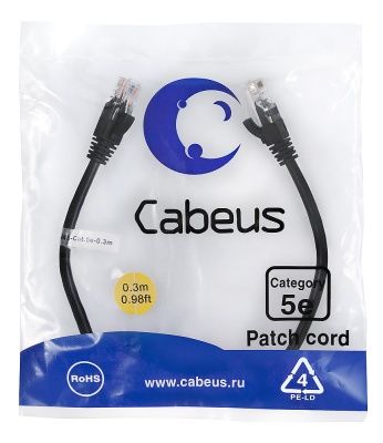 Cabeus PC-UTP-RJ45-Cat.5e-0.3m-BK Патч-корд U/UTP, категория 5е, 2xRJ45/8p8c, неэкранированный, черный, PVC, 0.3м