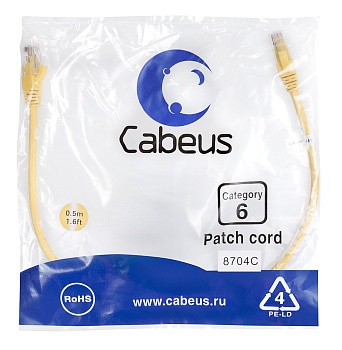 Cabeus PC-UTP-RJ45-Cat.6-0.5m-YL Патч-корд U/UTP, категория 6, 2xRJ45/8p8c, неэкранированный, желтый, PVC, 0.5м