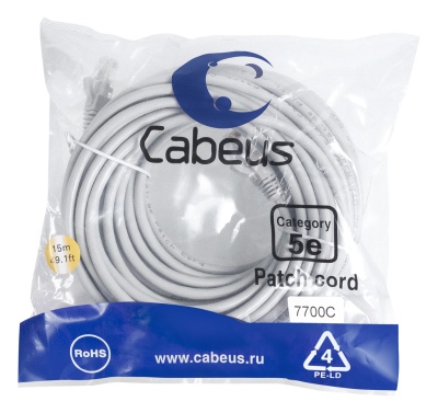 Cabeus PC-UTP-RJ45-Cat.5e-15m Патч-корд U/UTP, категория 5е, 2xRJ45/8p8c, неэкранированный, серый, PVC, 15м