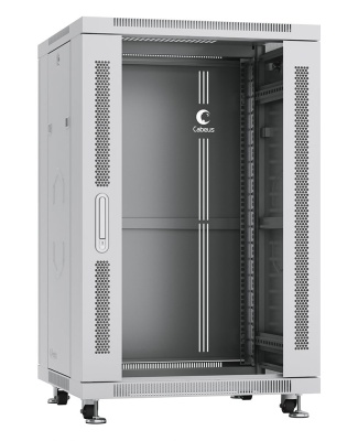Cabeus SH-05C-18U60/60 Шкаф монтажный телекоммуникационный 19" напольный для распределительного и серверного оборудования 18U 600x600x988mm (ШхГхВ) передняя стеклянная и задняя сплошная металлическая двери, ручка с замком, цвет серый (RAL 7035)