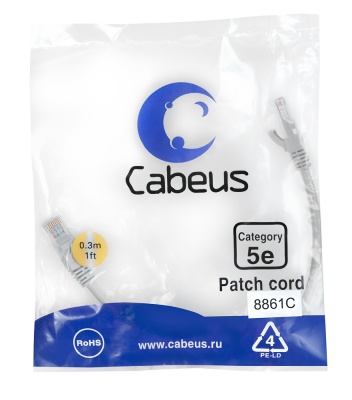 Cabeus PC-UTP-RJ45-Cat.5e-0.3m-LSZH Патч-корд U/UTP, категория 5е, 2xRJ45/8p8c, неэкранированный, серый, LSZH, 0.3м