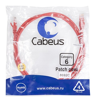 Cabeus PC-UTP-RJ45-Cat.6-1.5m-RD Патч-корд U/UTP, категория 6, 2xRJ45/8p8c, неэкранированный, красный, PVC, 1.5м