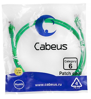 Cabeus PC-UTP-RJ45-Cat.6-1.5m-GN Патч-корд U/UTP, категория 6, 2xRJ45/8p8c, неэкранированный, зеленый, PVC, 1.5м