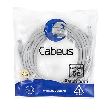 Cabeus PC-UTP-RJ45-Cat.5e-10m Патч-корд U/UTP, категория 5е, 2xRJ45/8p8c, неэкранированный, серый, PVC, 10м