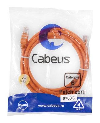 Cabeus PC-UTP-RJ45-Cat.6-2m-OR Патч-корд U/UTP, категория 6, 2xRJ45/8p8c, неэкранированный, оранжевый, PVC, 2м