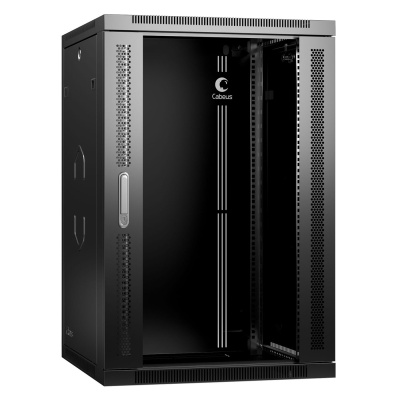 Cabeus SH-05F-18U60/45-BK Шкаф телекоммуникационный настенный 19" 18U 600x450x901mm (ШхГхВ) дверь стекло, цвет черный (RAL 9004)