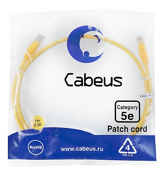 Cabeus PC-UTP-RJ45-Cat.5e-1m-YL-LSZH Патч-корд U/UTP, категория 5е, 2xRJ45/8p8c, неэкранированный, желтый, LSZH, 1м