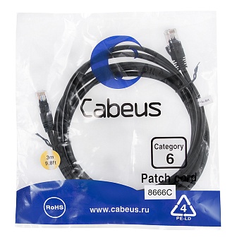 Cabeus PC-UTP-RJ45-Cat.6-3m-BK Патч-корд U/UTP, категория 6, 2xRJ45/8p8c, неэкранированный, черный, PVC, 3м