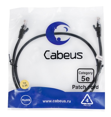 Cabeus PC-UTP-RJ45-Cat.5e-1m-BK Патч-корд U/UTP, категория 5е, 2xRJ45/8p8c, неэкранированный, черный, PVC, 1м