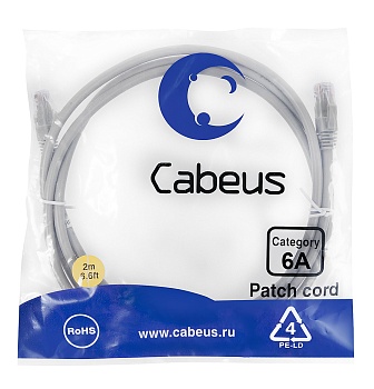 Cabeus PC-UTP-RJ45-Cat.6a-2m-LSZH Патч-корд U/UTP, категория 6а (10G), 2xRJ45/8p8c, неэкранированный, серый, LSZH, 2м