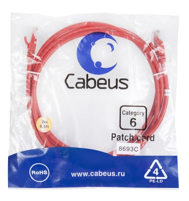 Cabeus PC-UTP-RJ45-Cat.6-2m-RD Патч-корд U/UTP, категория 6, 2xRJ45/8p8c, неэкранированный, красный, PVC, 2м