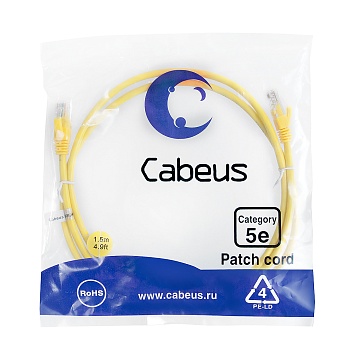 Cabeus PC-UTP-RJ45-Cat.5e-1.5m-YL-LSZH Патч-корд U/UTP, категория 5е, 2xRJ45/8p8c, неэкранированный, желтый, LSZH, 1.5м