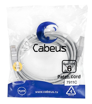 Cabeus PC-FTP-RJ45-Cat.6-3m-LSZH Патч-корд F/UTP, категория 6, 2xRJ45/8p8c, экранированный, серый, LSZH, 3м
