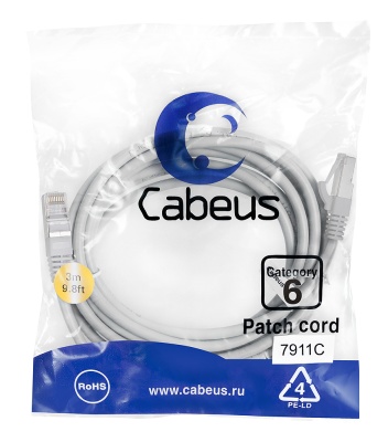 Cabeus PC-FTP-RJ45-Cat.6-3m-LSZH Патч-корд F/UTP, категория 6, 2xRJ45/8p8c, экранированный, серый, LSZH, 3м