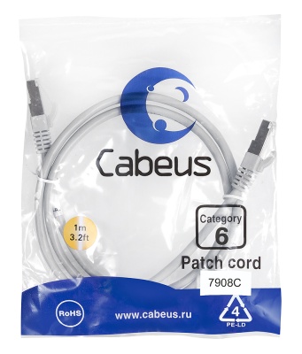 Cabeus PC-FTP-RJ45-Cat.6-1m-LSZH Патч-корд F/UTP, категория 6, 2xRJ45/8p8c, экранированный, серый, LSZH, 1м